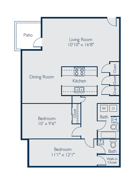 Floor plan for 2 beds, 1.5 baths, 1050 sqft